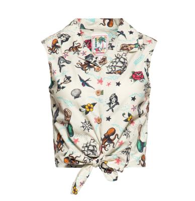 Queen Kerosin AOP Sailor Sleeveless Bow Tie Blouse Ecru-XXXL