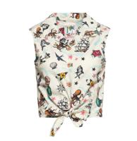 Queen Kerosin AOP Sailor Sleeveless Bow Tie Blouse Ecru-XS
