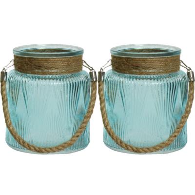 Windlicht/lantaarn met relief - 2x stuks - glas - D14 x H16 cm - lichtblauw