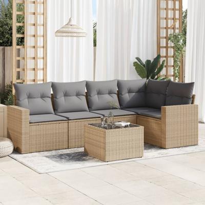 6-delige Loungeset met kussens poly rattan beige