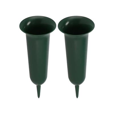 Grafvaas kunststof - 2x - groen - H42 cm - grafdecoratie - bloemenvaas voor herdenkingsplaats