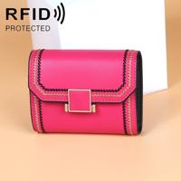 KB190 cover type snap knop koeienhuid lederen orgel vorm meerdere kaartsleuven anti-magnetische RFID portemonnee voor dames (Rose rood)