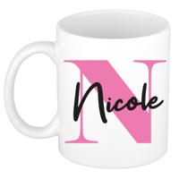 Naam mok Nicole - roze - wit - keramiek - 300 ml - verjaardag/cadeau beker