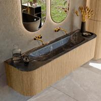 Mondiaz KURVE-DLUX 170 cm Onderkast Greeploos 1 Lade Met Deuren Oak, Wastafel Solid Surface Midden Lava 0 Kraangaten Zonder Spiegel (KRVBGL170L+R1L2D0KM-Oak/Lav)