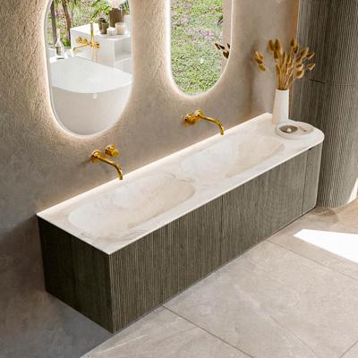 Badmeubel Mondiaz Kurve-Dlux | 165 cm cm | Meubelkleur Shadow | Wastafelkleur Frappe | Solid surface | Dubbel / Links spoelbak | Zonder kraangat(en)