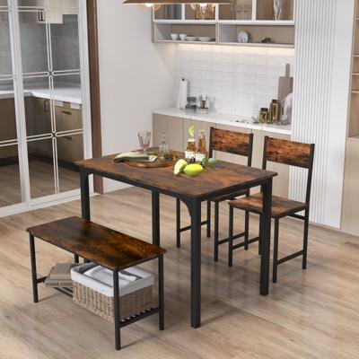 4-Delige Keukentafel en Stoelenset Industriële Tafelset met 2 Stoelen en 1 Bank Metalen Frame en Opbergrek Donkerbruin