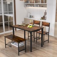 4-Delige Keukentafel en Stoelenset Industriële Tafelset met 2 Stoelen en 1 Bank Metalen Frame en Opbergrek Donkerbruin 4-Delige Keukentafel en Stoelenset Industriële Tafelset met 2 Stoelen en 1 Bank Metalen Frame en Opbergrek Donkerbruin