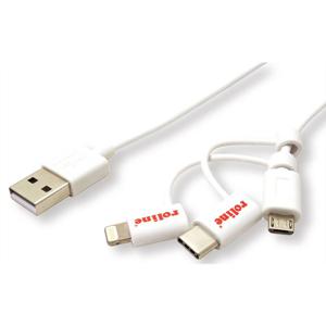 ROLINE USB 2.0 lightning sync & oplaadkabel Type A - Type C / 8-pins / USB MicroB, wit, 1 m