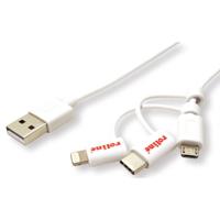 ROLINE USB 2.0 lightning sync & oplaadkabel Type A - Type C / 8-pins / USB MicroB, wit, 1 m - thumbnail