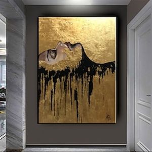 groot met de hand geschilderd zwart en goud schilderij acrylfolie schilderij op canvas muurkunst abstracte kunst abstract schilderij gouden firgure schilderij zwart schilderij huisdecoratie decor Lightinthebox