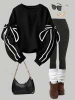 Bon&Bon Women's Striped Bow Decor Sweatshirt | Loose Casual Pullover Black / L