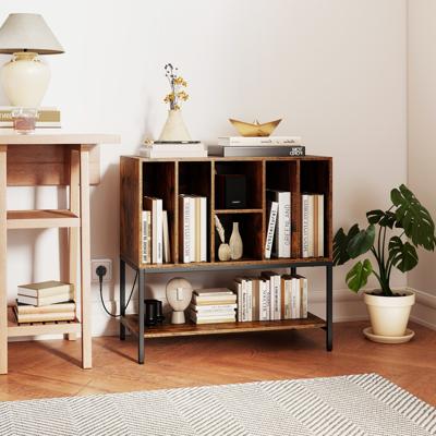 Plattenspielerstandaard met Oplaadstation & Vinylopslag Bijzetkast Vinyldisplay Rek Koffie
