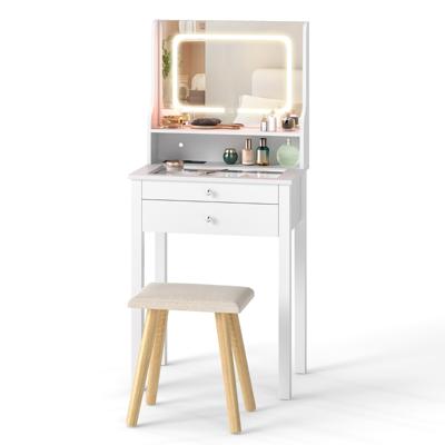 Kaptafel met Ledverlichting en Kruk Kleine Kaptafel met Stopcontacten Lades Open Plank en Glazen Tafelblad