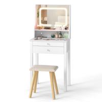 Kaptafel met Ledverlichting en Kruk Kleine Kaptafel met Stopcontacten Lades Open Plank en Glazen Tafelblad