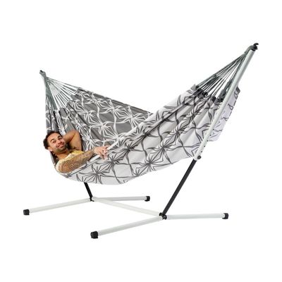 Familie hangmat met metalen standaard - 400x180cm - Grijs - 200kg draagkracht- 100% katoen - binnen & buiten