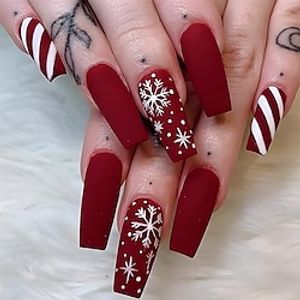 lange kerst nepnagels doodskist druk op nagels rode matte acrylnagels met witte geruite lijnen sneeuwvlokpatroon ontwerpen volledige dekking op nagels kunstnagels voor dames en meisjes 24 stuks Lightinthebox