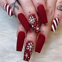lange kerst nepnagels doodskist druk op nagels rode matte acrylnagels met witte geruite lijnen sneeuwvlokpatroon ontwerpen volledige dekking op nagels kunstnagels voor dames en meisjes 24 stuks Lightinthebox