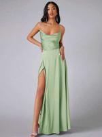 Bon&Bon Lilac Satin Bridesmaid Dress | Cowl Neck Maxi Gown with Split Mint Green / L