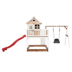 AXI Liam Speelhuis op palen, zandbak, nestschommel & rode glijbaan Speelhuisje voor de tuin / buiten in bruin & wit