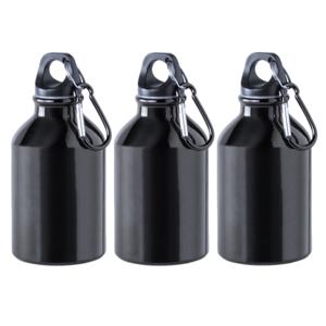 Waterfles - 3x - Zwart - Aluminium - 330 ml - schroefdop - met Karabijnhaak - Bidon