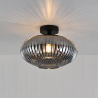 Plafondlamp Ovale vetro fumé - E27-fitting - Bol van geribbeld rookglas - Vulkaanvormige zwarte drager - IP20 voor binnen