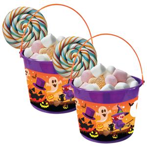 Trick or treat snoep emmertje - 2x - heksen thema - paars - 18 x 16 cm - Halloween snoepjes ophalen