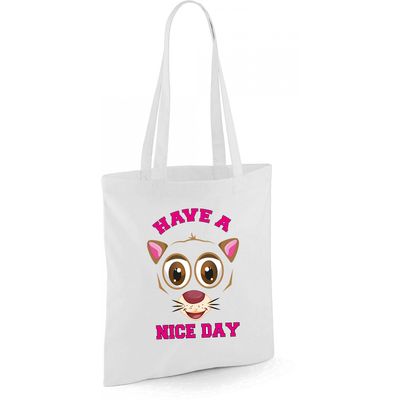 Schoudertas meisjes - kat/poes - wit - have a nice day - 42 x 38 cm - shopper/tote bag
