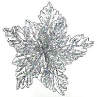 1x Kerstboomversiering op clip zilveren glitter bloem 23 cm - thumbnail