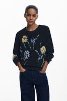 Jacquard trui met geborduurde bloemen - BLACK - L