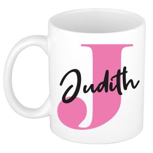 Naam mok Judith - roze - wit - keramiek - 300 ml - verjaardag/cadeau beker