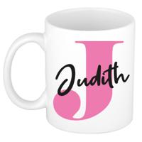 Naam mok Judith - roze - wit - keramiek - 300 ml - verjaardag/cadeau beker