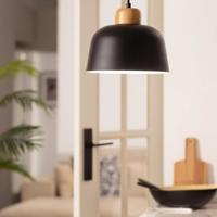 Hanglamp zwart en hout design &apos;Mawa&apos; e27 fitting metaal 260mm