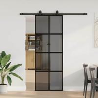 Schuifdeur met beslagset 76x205 cm gehard glas zwart
