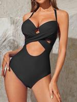 Sexy Hollow Out Plain Notched One-Piece Swimsuit - thumbnail