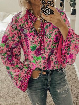 Cotton-Blend Floral-Print V Neck Sweet Shirt