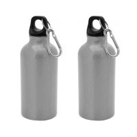 2x Stuks aluminium waterfles/drinkfles zilver met schroefdop en karabijnhaak 400 ml