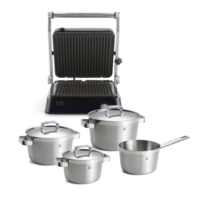 Combi Deal: Connect Contactgrill + Conical Profi 4-delige Pannenset