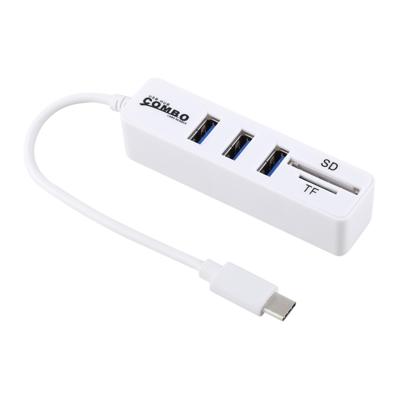 2 in 1 TF & SD-kaartlezer + 3 x USB-poorten naar USB-C/type-C HUB Converter totale lengte: 24cm (wit)