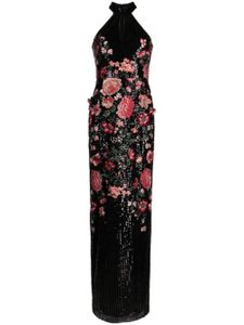 Marchesa Notte robe longue à fleurs brodées - Noir