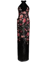 Marchesa Notte robe longue à fleurs brodées - Noir