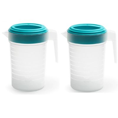 2x stuks waterkan/sapkan transparant/blauw met deksel 1 liter kunststof