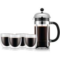Caffettiera French press - BODUM - SET CHAMBORD - 8 tazze 1,0 l + 4 bicchieri PAVINA doppia parete 25 cl