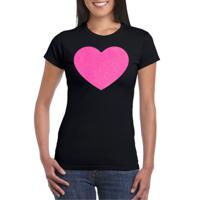 Verkleed T-shirt voor dames - hartje - zwart - roze glitter - carnaval/themafeest - thumbnail