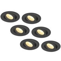 Set van 6 Salerno LED inbouwspots - 8W 650 lumen - 2700K warm wit - Dimbaar - Rond - Kantelbaar - IP44 waterdicht - Zwart - Voor binnen, buiten en badkamer