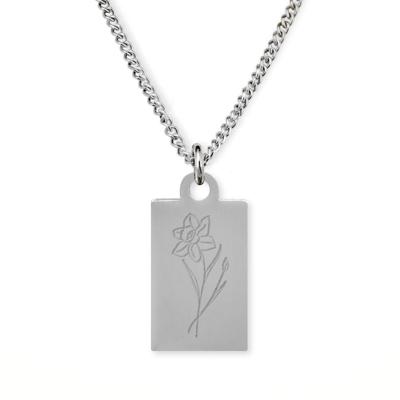 Gegraveerde geboortebloem ketting OUD DESIGN - Stainless steel - Zilver - Rechthoek - Maart - narcis