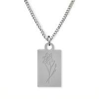 Gegraveerde geboortebloem ketting OUD DESIGN - Stainless steel - Zilver - Rechthoek - Maart - narcis
