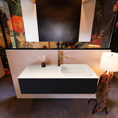 Badkamermeubelset Mondiaz Erin 120 cm met 1 Lade met RIDGE Wastafel Rechts Linen met 1 kraangat Greeploos Mat Urban