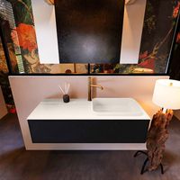 Badkamermeubelset Mondiaz Erin 120 cm met 1 Lade met RIDGE Wastafel Rechts Linen met 1 kraangat Greeploos Mat Urban