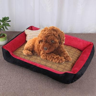 Hond bot patroon grote zachte warme kennel huisdier hond kat mat deken met rotan mat maat: S 60 × 45 × 15cm (zwart rood)