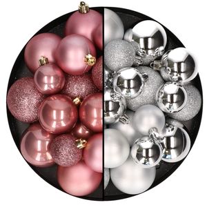 Kerstballen 60x stuks - mix oudroze/zilver - 4-5-6 cm - kunststof